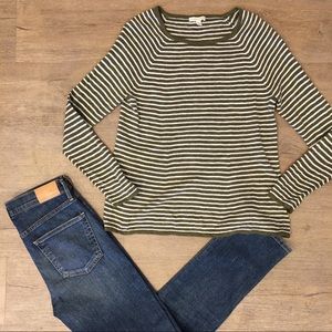 Eileen Fisher Olive and White Striped Crewneck Sweater
